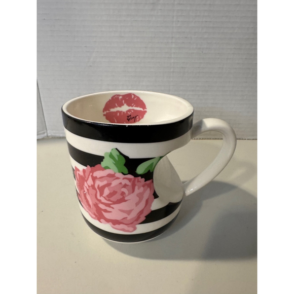 Betsey Johnson Other - Betsey Johnson Black/Pink Striped Floral Mug with White Heart Shaped Handle